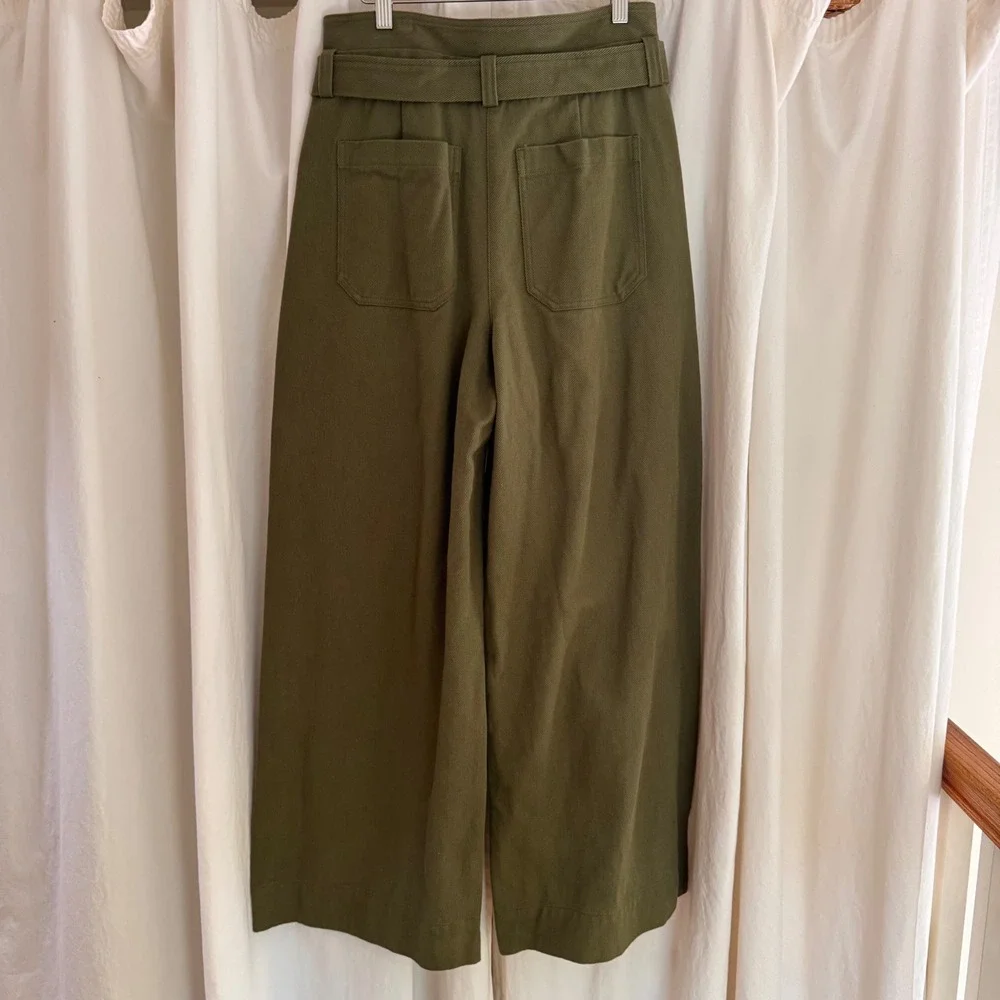 ALC Emily Belted Twill Pants Green High Waist Wide Leg‎ Cotton Trousers 4 NEW